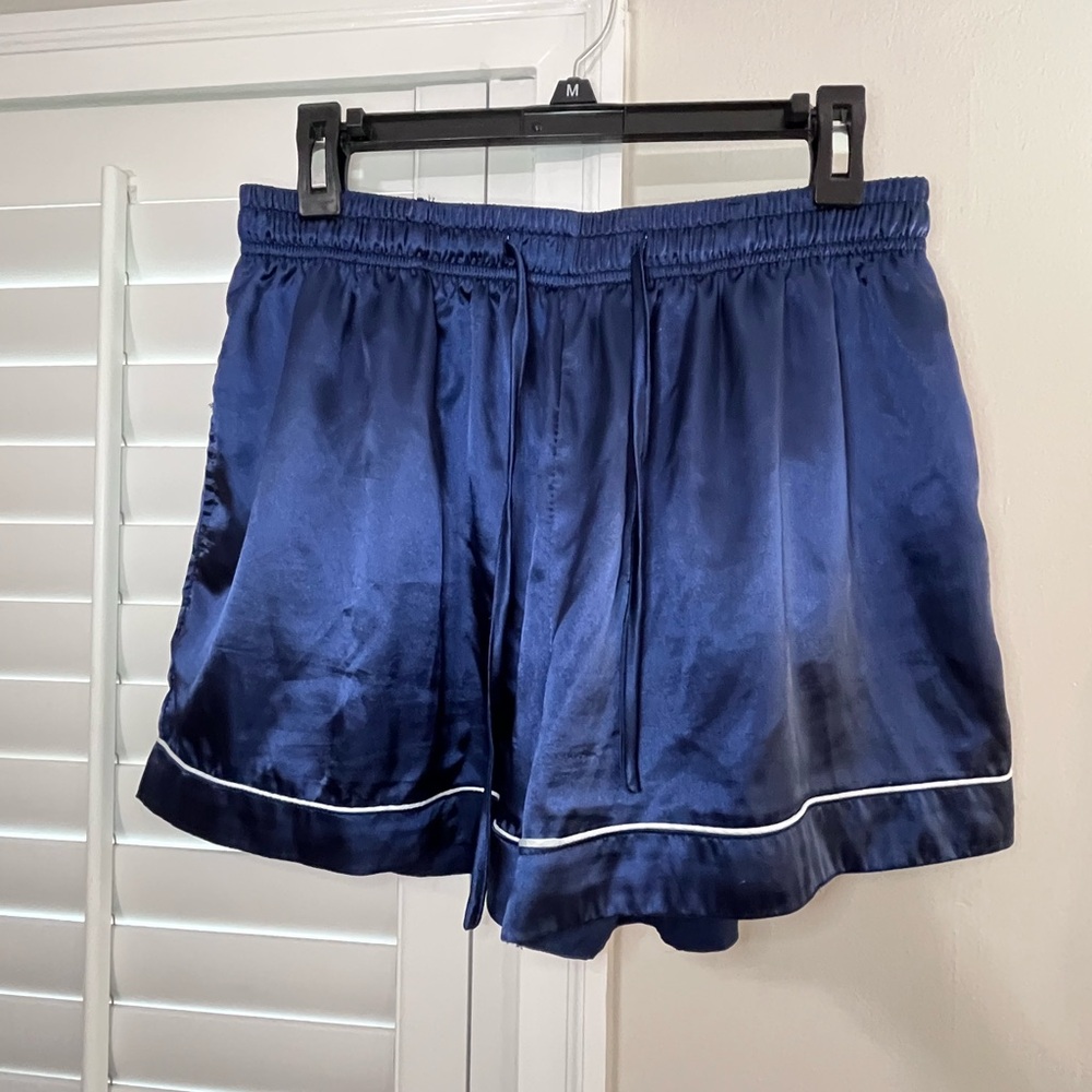 Women’s XL silky pajama bottoms, deep blue with white piping-drawstring